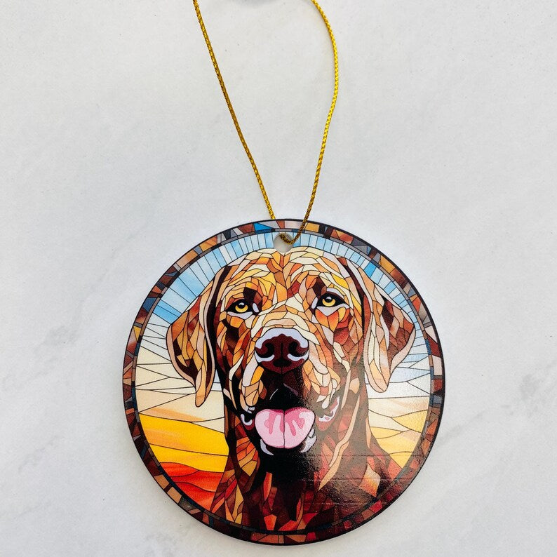 Chocolate Labrador Faux Stained Glass Ornament – Vibrant Dog Lover Keepsake