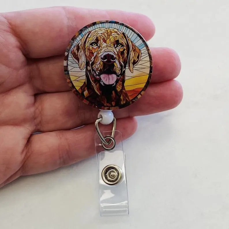 Chocolate Labrador Faux Stained Glass Badge Reel – Dog Lover ID Holder