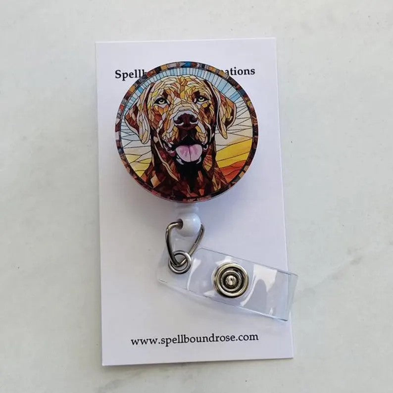 Chocolate Labrador Faux Stained Glass Badge Reel – Dog Lover ID Holder