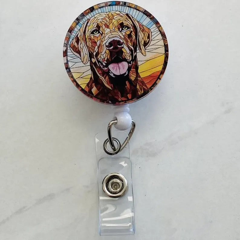 Chocolate Labrador Faux Stained Glass Badge Reel – Dog Lover ID Holder