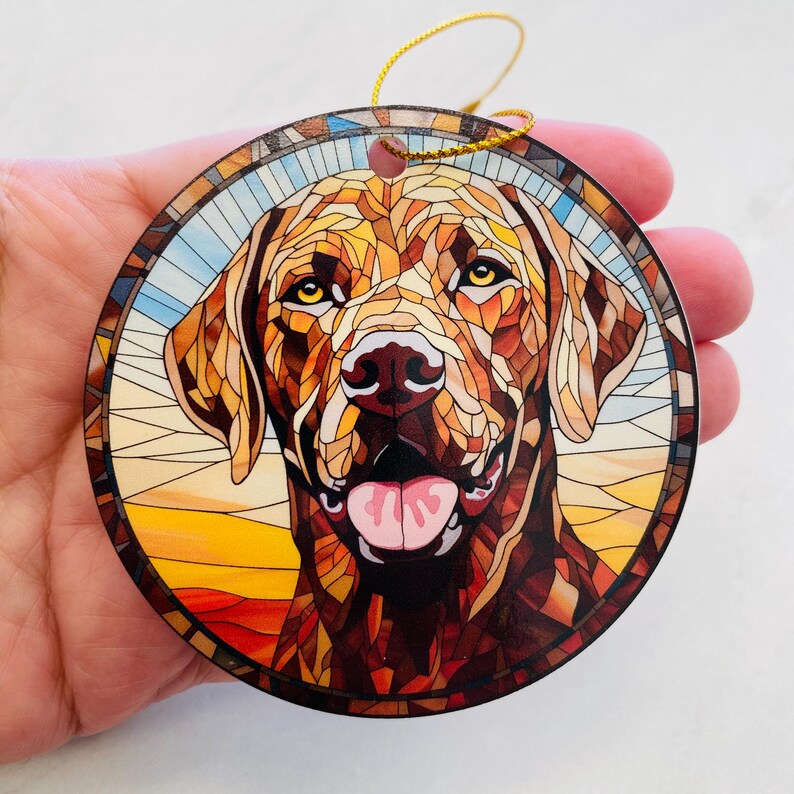 Chocolate Labrador Faux Stained Glass Ornament – Vibrant Dog Lover Keepsake