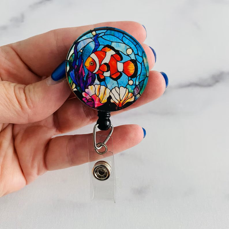 Clownfish Stained Glass Badge Reel – Ocean-Inspired ID Holder