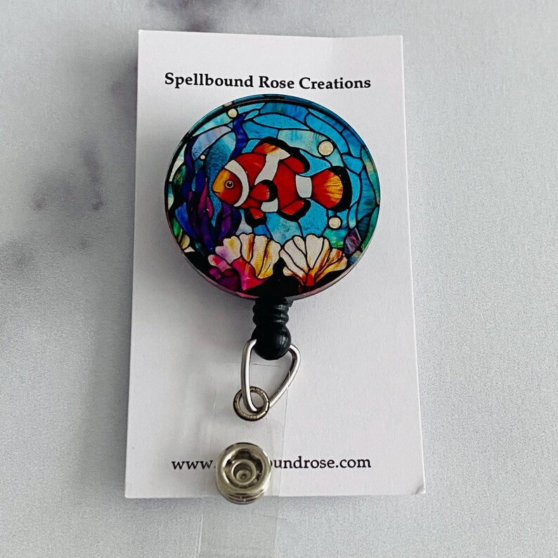 Clownfish Stained Glass Badge Reel – Ocean-Inspired ID Holder