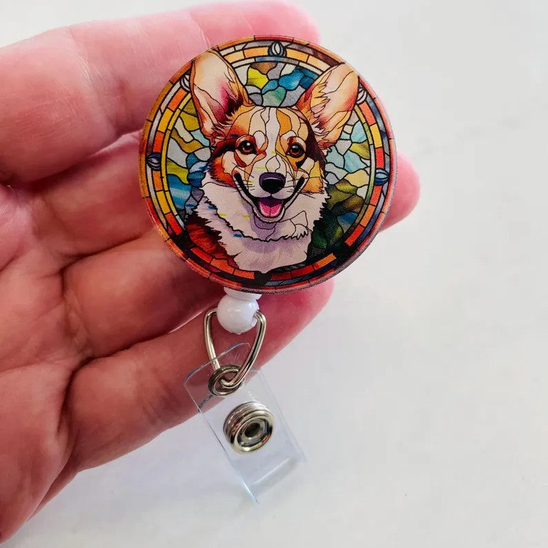 Corgi Faux Stained Glass Badge Reel – Cute Dog ID Holder