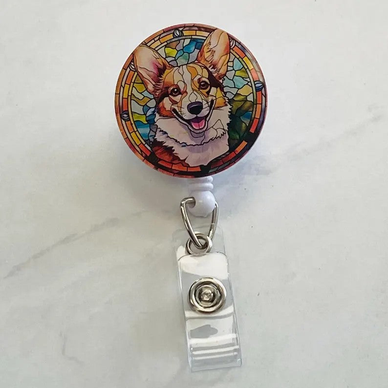 Corgi Faux Stained Glass Badge Reel – Cute Dog ID Holder