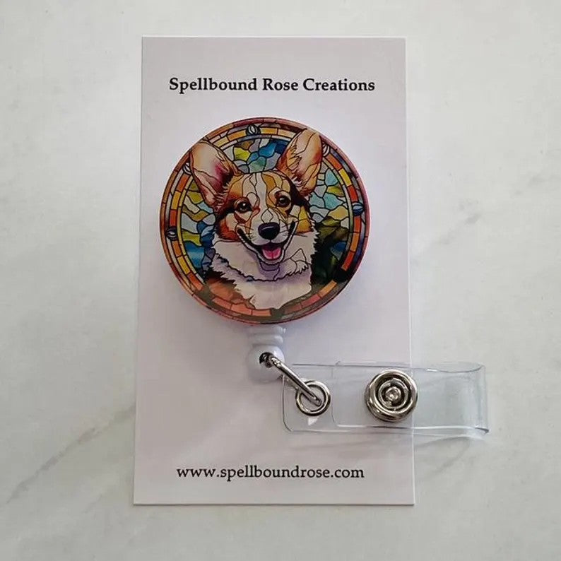Corgi Faux Stained Glass Badge Reel – Cute Dog ID Holder