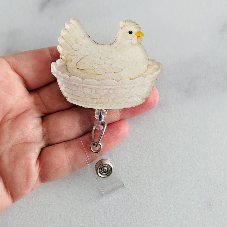 Classic Cream Hen on Nest Badge Reel – Timeless Farmhouse ID Holder