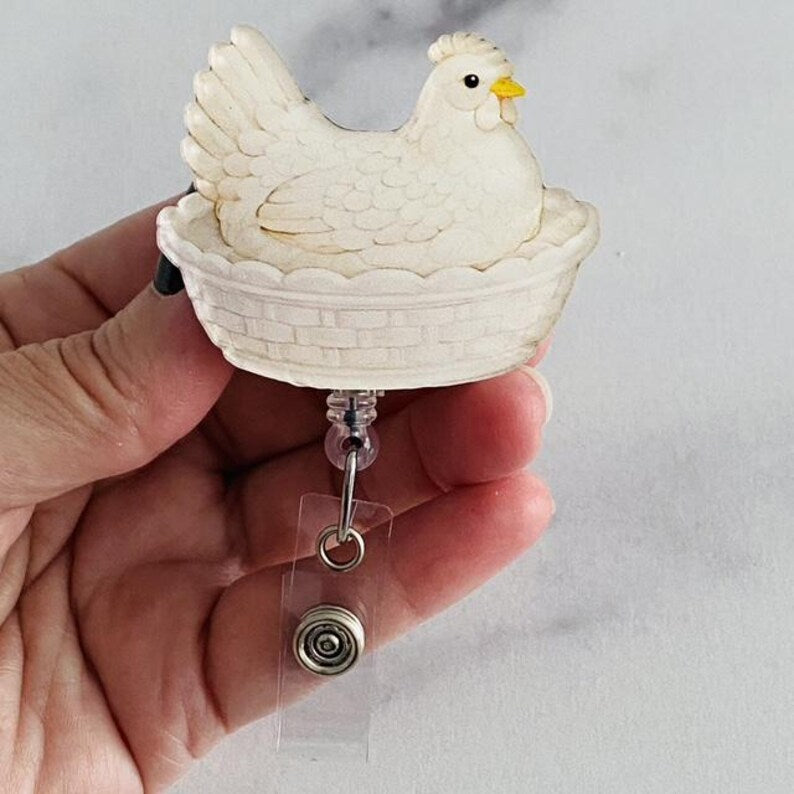 Classic Cream Hen on Nest Badge Reel – Timeless Farmhouse ID Holder