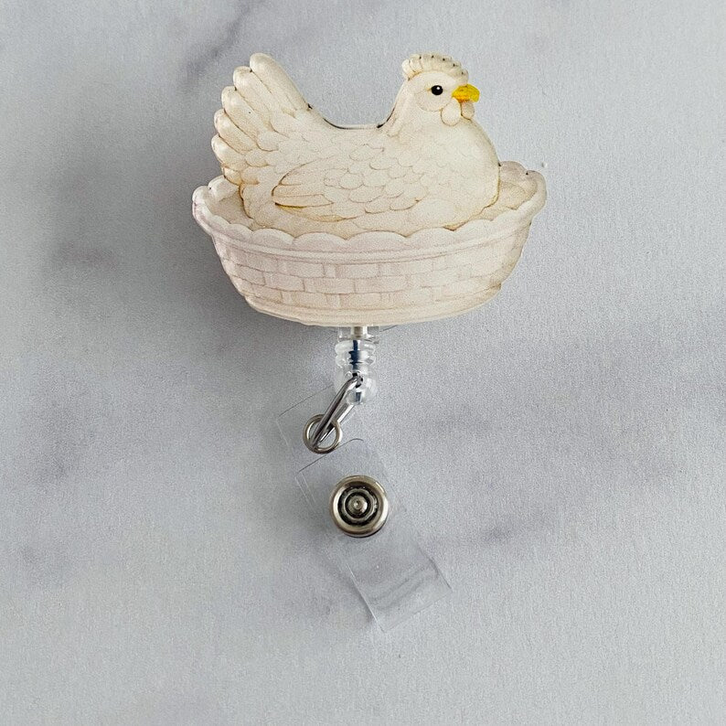 Classic Cream Hen on Nest Badge Reel – Timeless Farmhouse ID Holder
