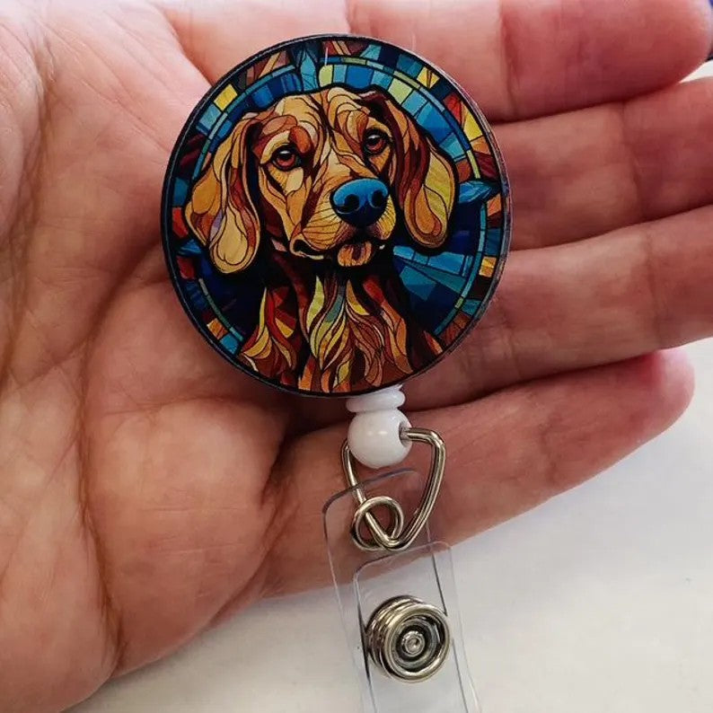 Dachshund Faux Stained Glass Badge Reel – Colorful Dog Lover ID Holder