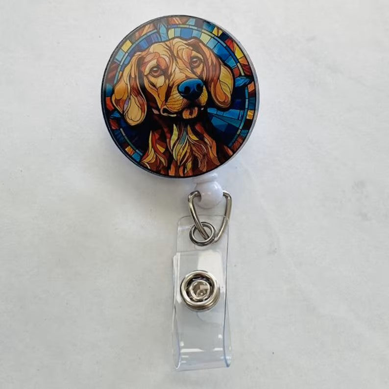 Dachshund Faux Stained Glass Badge Reel – Colorful Dog Lover ID Holder