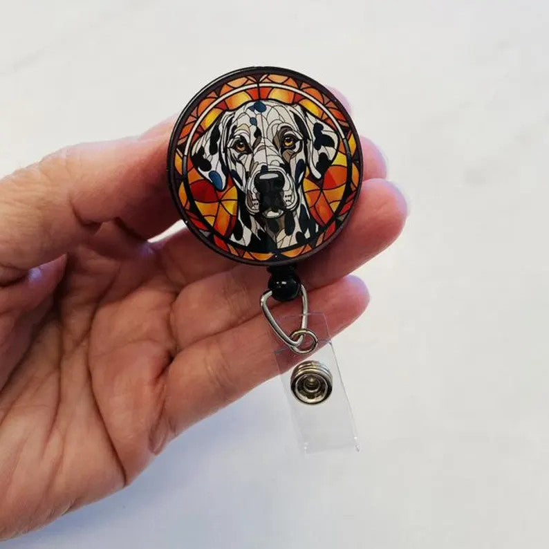 Dalmatian Faux Stained Glass Badge Reel – Spotted Dog Lover ID Holder