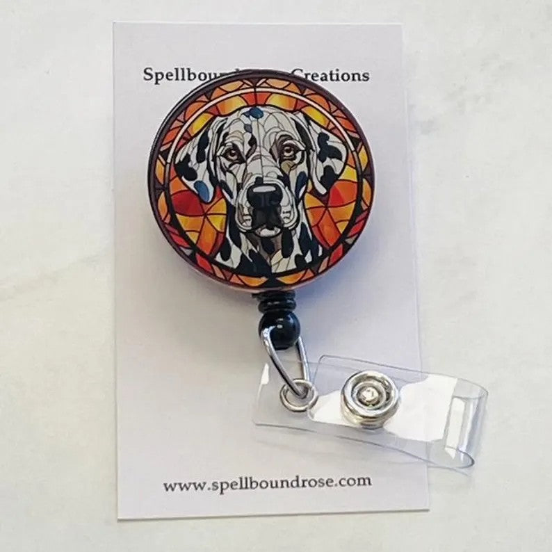 Dalmatian Faux Stained Glass Badge Reel – Spotted Dog Lover ID Holder