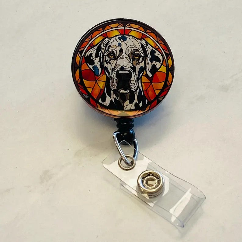 Dalmatian Faux Stained Glass Badge Reel – Spotted Dog Lover ID Holder