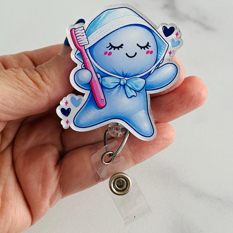Cute Dental Hygiene Glove People Badge Reel – Toothbrush Character ID Holder