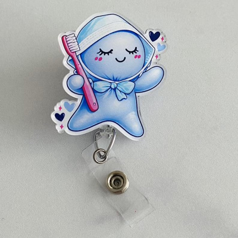 Cute Dental Hygiene Glove People Badge Reel – Toothbrush Character ID Holder