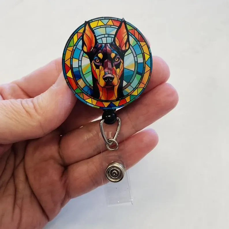 Doberman Pinscher Faux Stained Glass Badge Reel – Bold Dog Lover ID Holder