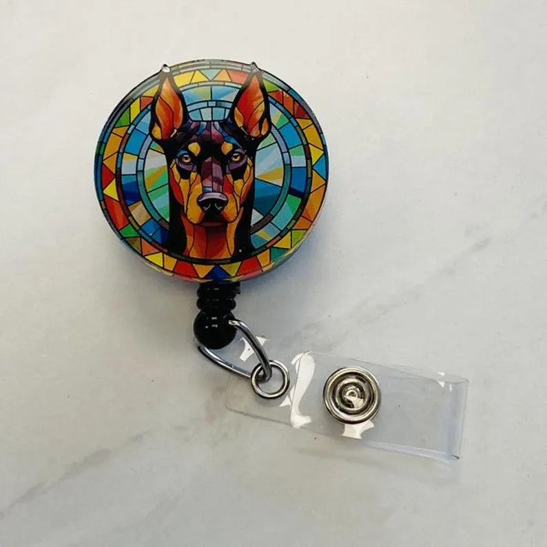 Doberman Pinscher Faux Stained Glass Badge Reel – Bold Dog Lover ID Holder