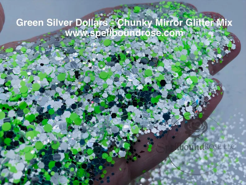 Green Silver Dollars Glitter – Green and Silver Mirror Chunky Mix Glitter (2 oz)