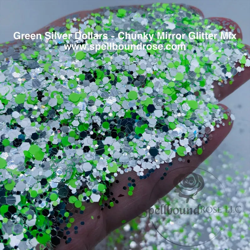 Green Silver Dollars Glitter – Green and Silver Mirror Chunky Mix Glitter (2 oz)
