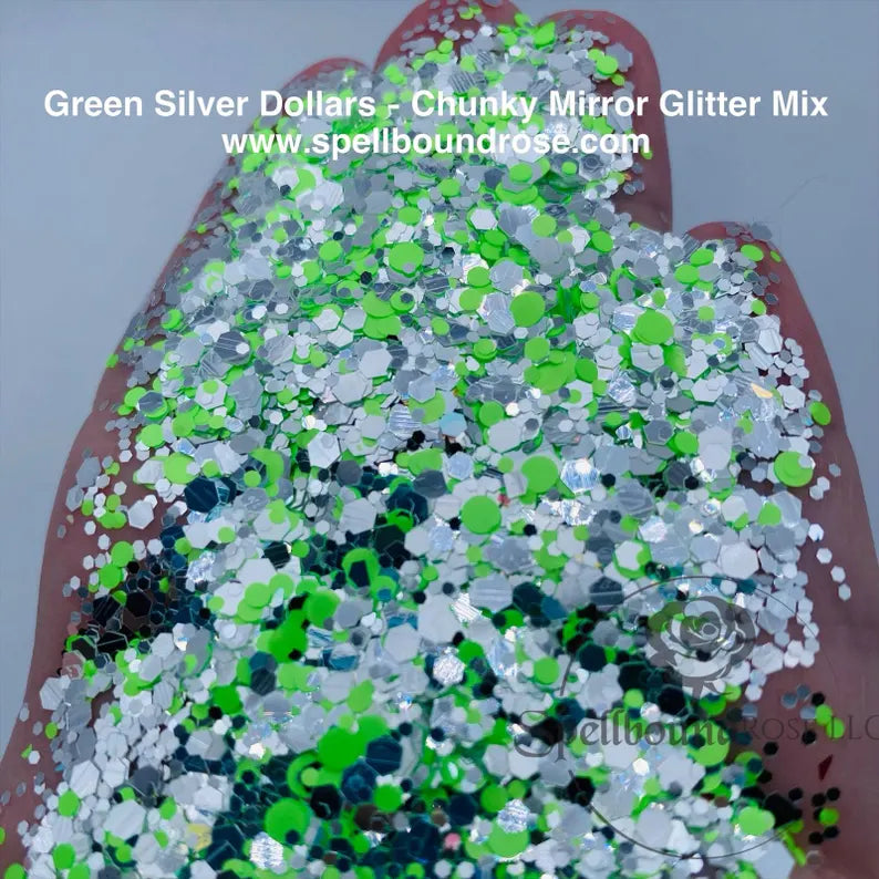 Green Silver Dollars Glitter – Green and Silver Mirror Chunky Mix Glitter (2 oz)