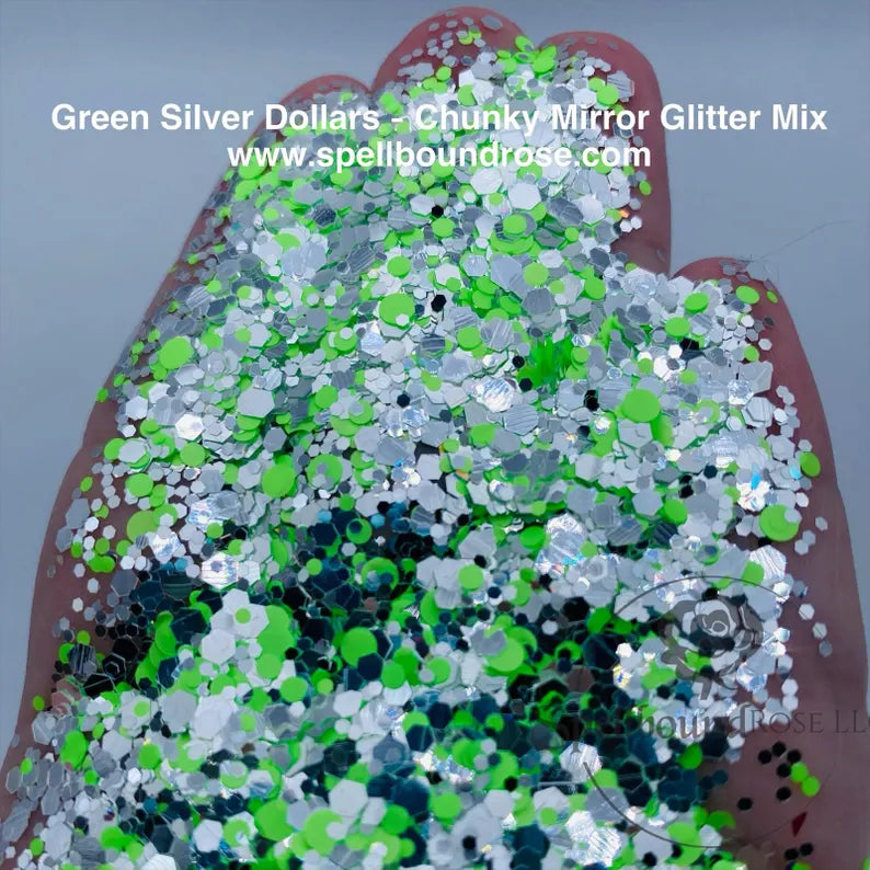 Green Silver Dollars Glitter – Green and Silver Mirror Chunky Mix Glitter (2 oz)