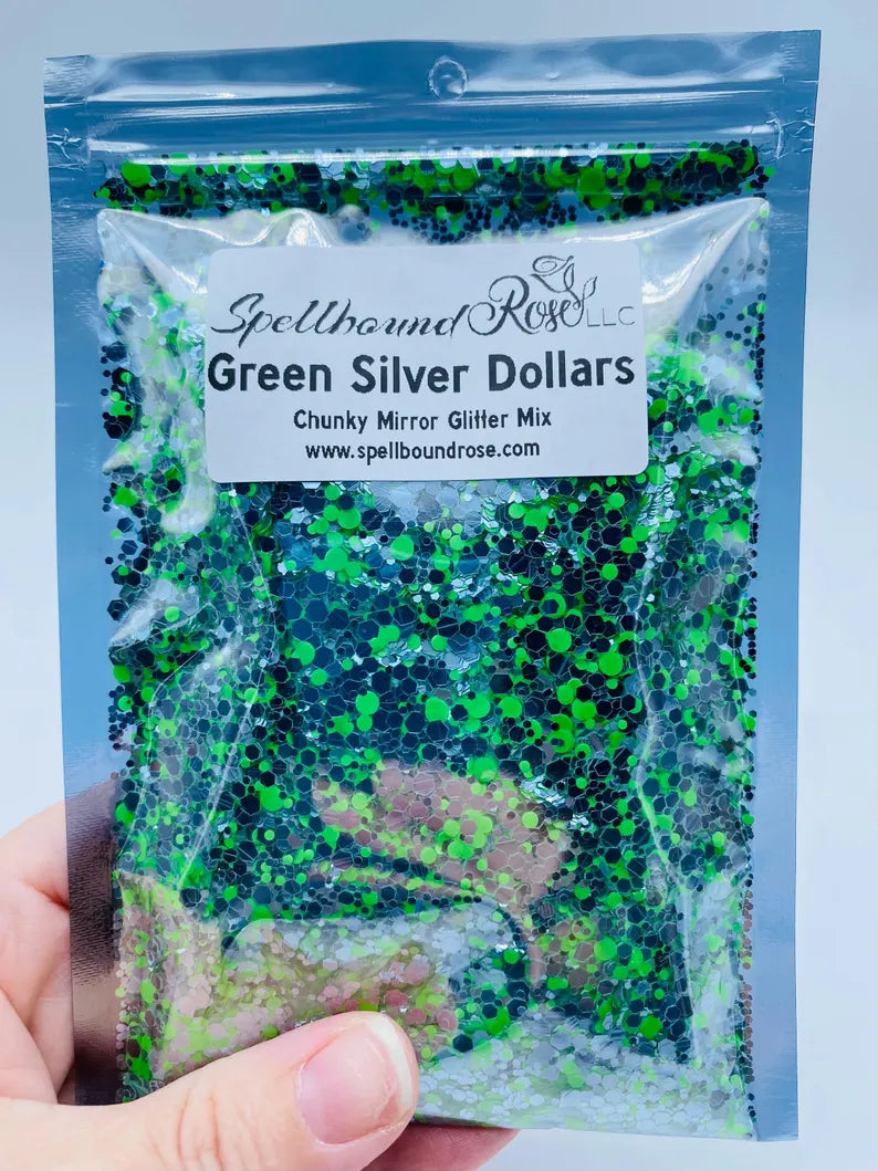 Green Silver Dollars Glitter – Green and Silver Mirror Chunky Mix Glitter (2 oz)