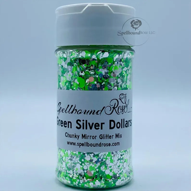 Green Silver Dollars Glitter – Green and Silver Mirror Chunky Mix Glitter (2 oz)