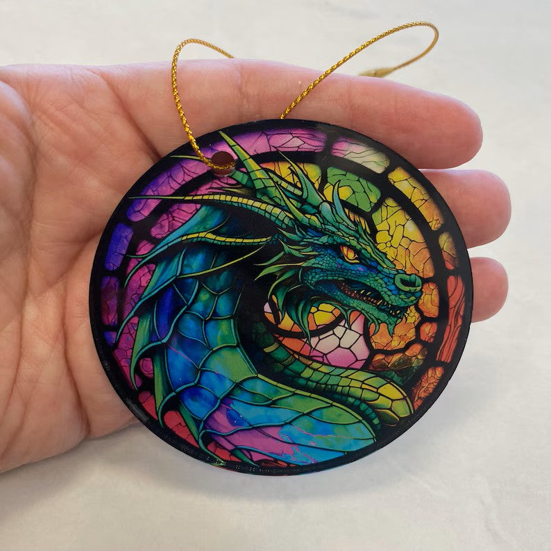 Dragon Faux Stained Glass Ornament – Fantasy Art Keepsake