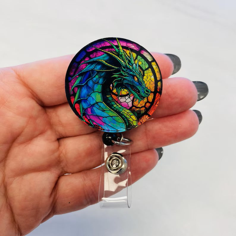 Dragon Faux Stained Glass Badge Reel – Fantasy-Inspired ID Holder