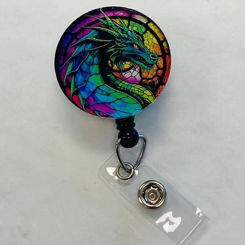 Dragon Faux Stained Glass Badge Reel – Fantasy-Inspired ID Holder