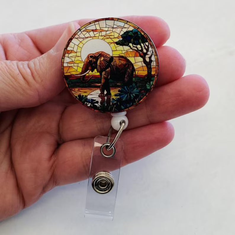 Faux Stained Glass Elephant Badge Reel – Wildlife Retractable ID Holder