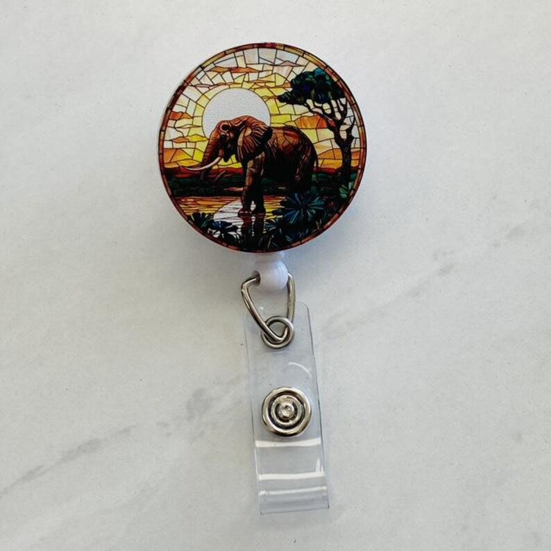 Faux Stained Glass Elephant Badge Reel – Wildlife Retractable ID Holder
