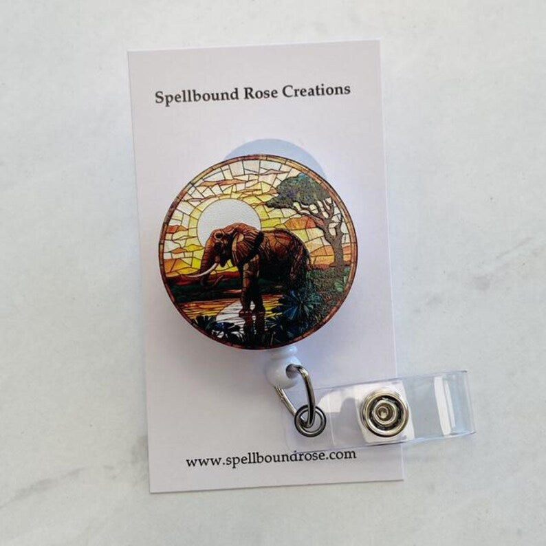 Faux Stained Glass Elephant Badge Reel – Wildlife Retractable ID Holder
