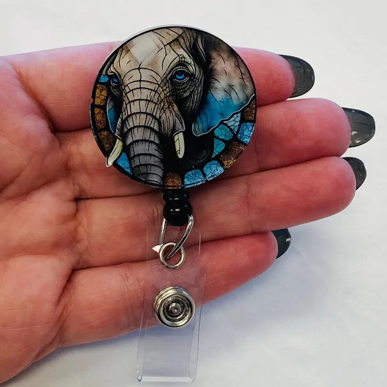 Elephant Faux Stained Glass Badge Reel – Wildlife ID Holder