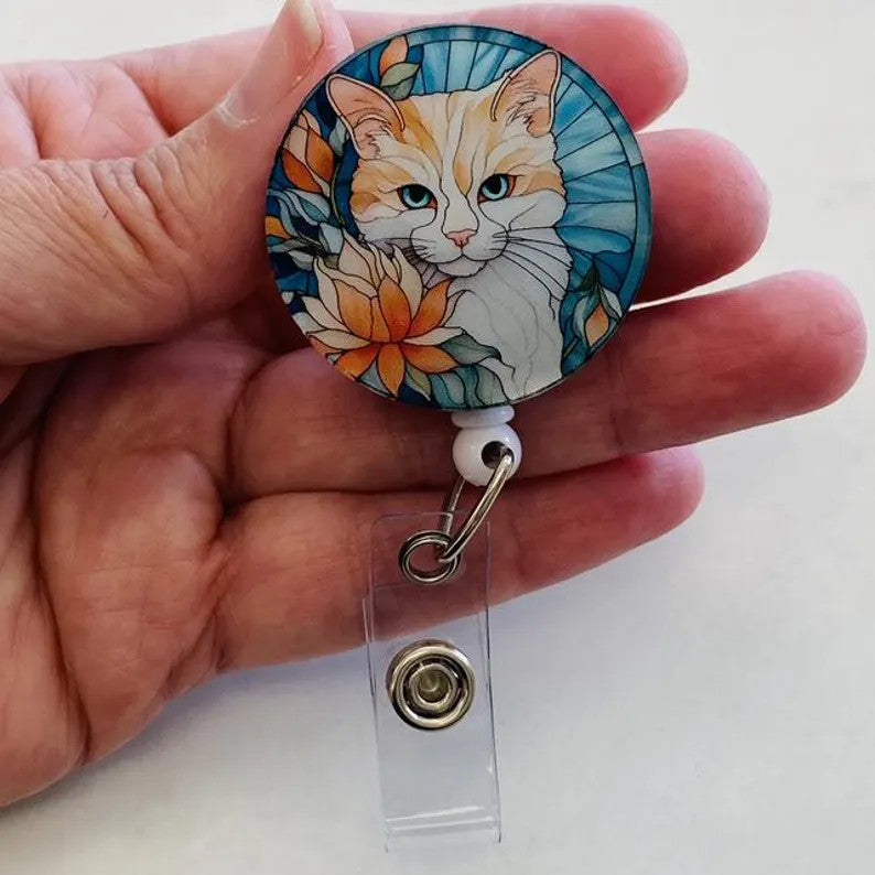 Floral Cat Faux Stained Glass Badge Reel – Elegant Cat Lover ID Holder