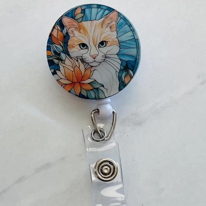 Floral Cat Faux Stained Glass Badge Reel – Elegant Cat Lover ID Holder