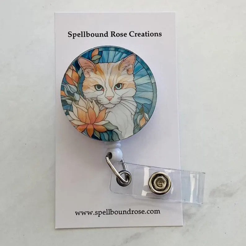 Floral Cat Faux Stained Glass Badge Reel – Elegant Cat Lover ID Holder