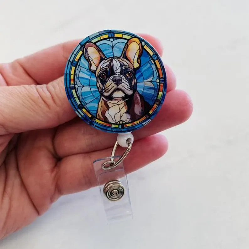 French Bulldog Faux Stained Glass Badge Reel – Cute Dog Lover ID Holder