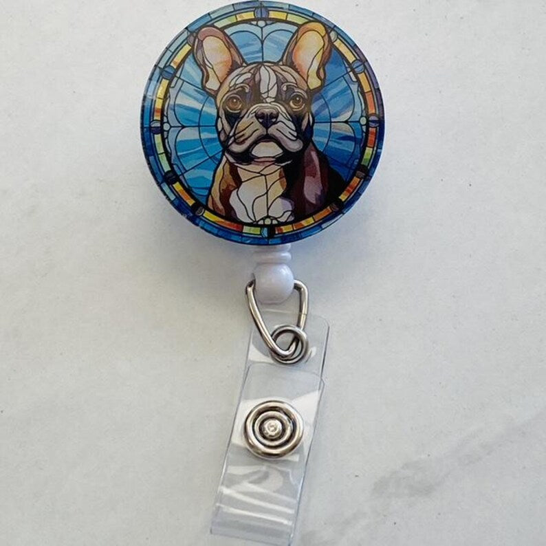 French Bulldog Faux Stained Glass Badge Reel – Cute Dog Lover ID Holder