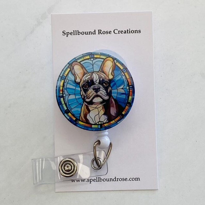 French Bulldog Faux Stained Glass Badge Reel – Cute Dog Lover ID Holder