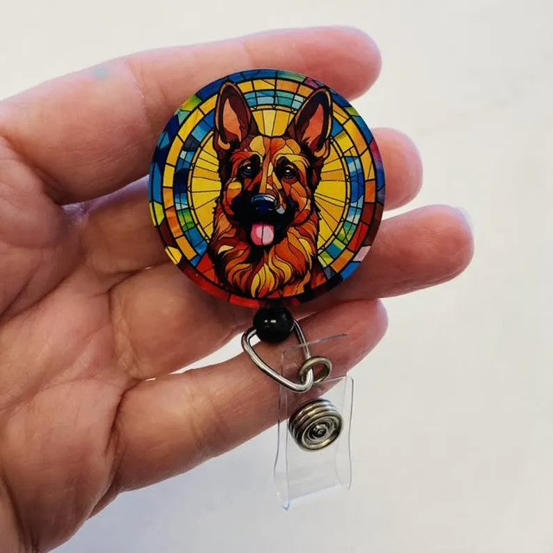German Shepherd  Badge Reel – Faux Stained Glass Dog Badge Reel - Bold Dog Lover ID Holder