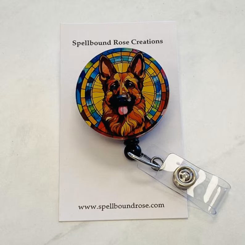 German Shepherd  Badge Reel – Faux Stained Glass Dog Badge Reel - Bold Dog Lover ID Holder