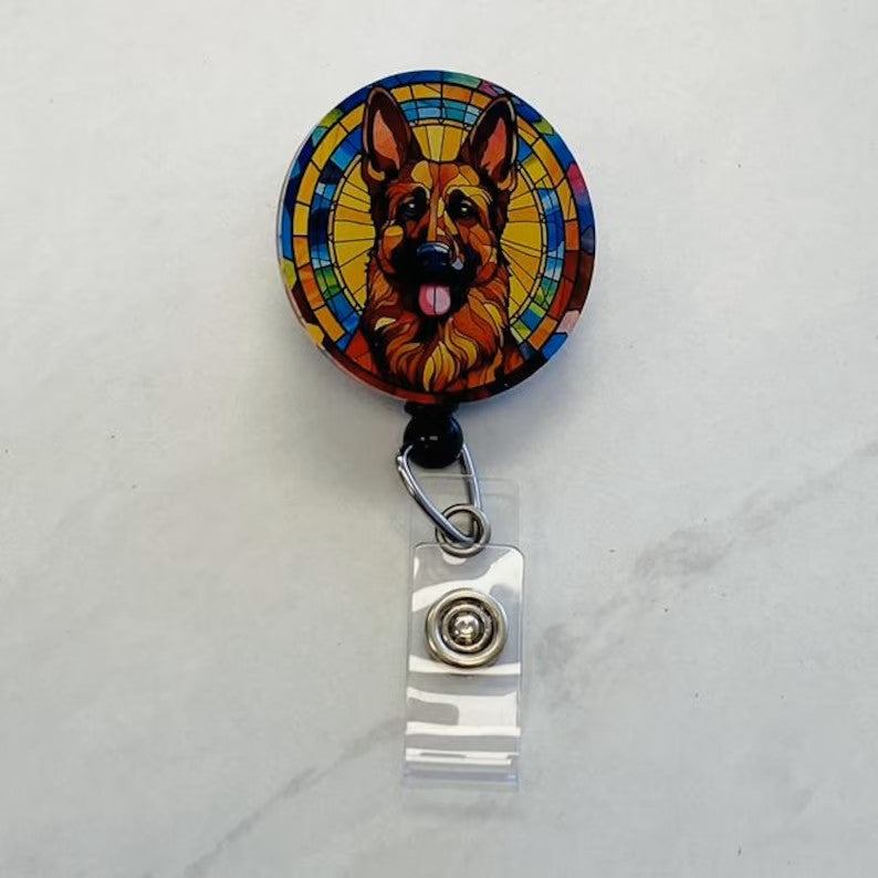 German Shepherd  Badge Reel – Faux Stained Glass Dog Badge Reel - Bold Dog Lover ID Holder