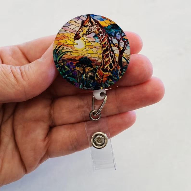 Giraffe Faux Stained Glass Badge Reel – Safari Wildlife ID Holder
