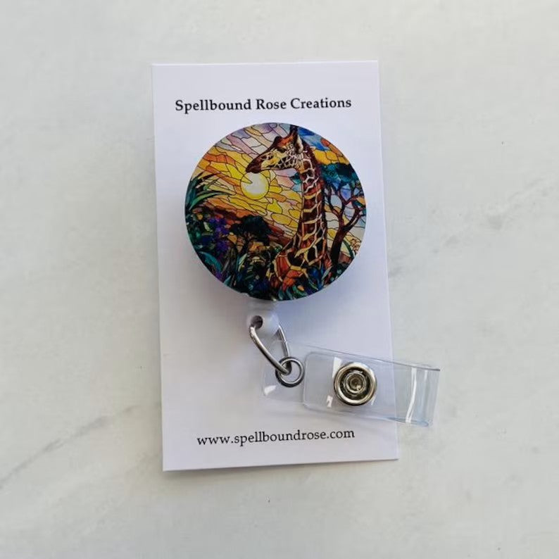 Giraffe Faux Stained Glass Badge Reel – Safari Wildlife ID Holder