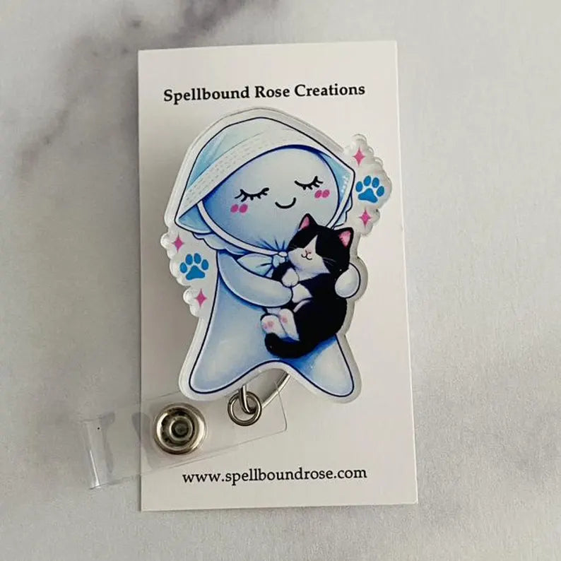 Cute Caregiver Glove Doll with Kitty Badge Reel – Sweet & Soothing ID Holder