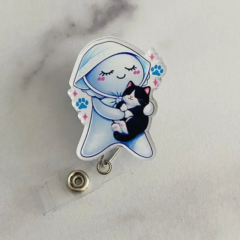 Cute Caregiver Glove Doll with Kitty Badge Reel – Sweet & Soothing ID Holder