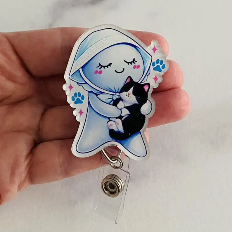 Cute Caregiver Glove Doll with Kitty Badge Reel – Sweet & Soothing ID Holder