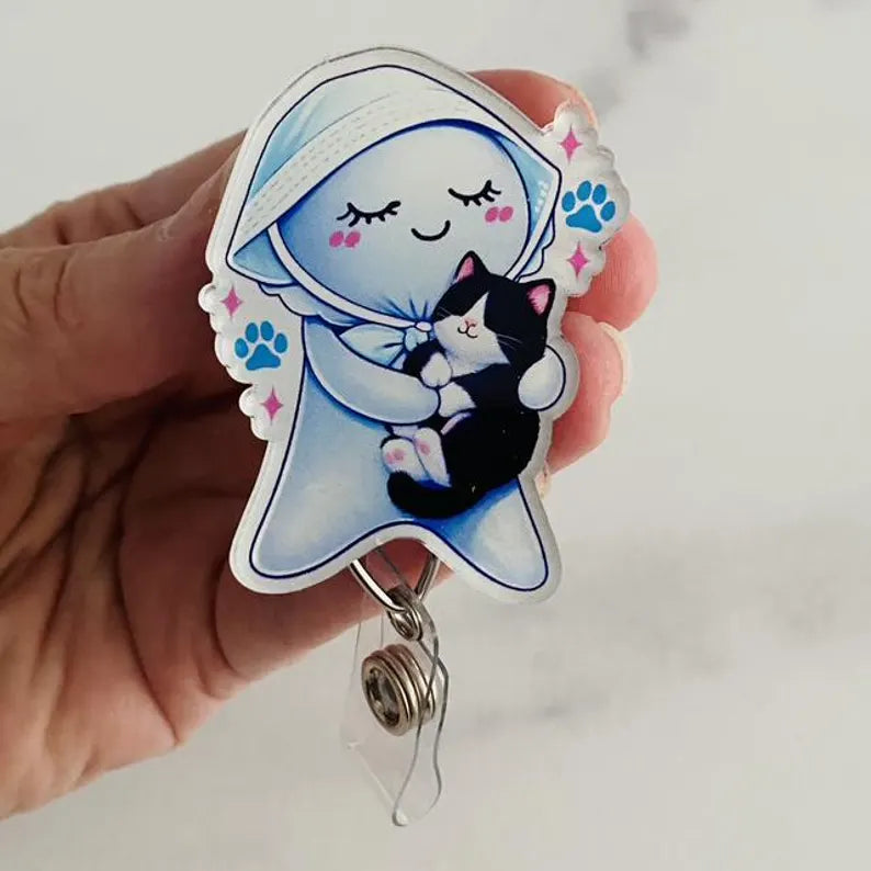 Cute Caregiver Glove Doll with Kitty Badge Reel – Sweet & Soothing ID Holder